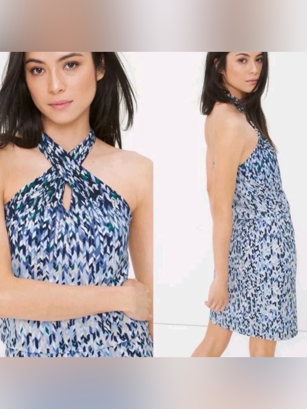 White House Black Market Stretch Blue White Sleeveless Halter Dress Size XS